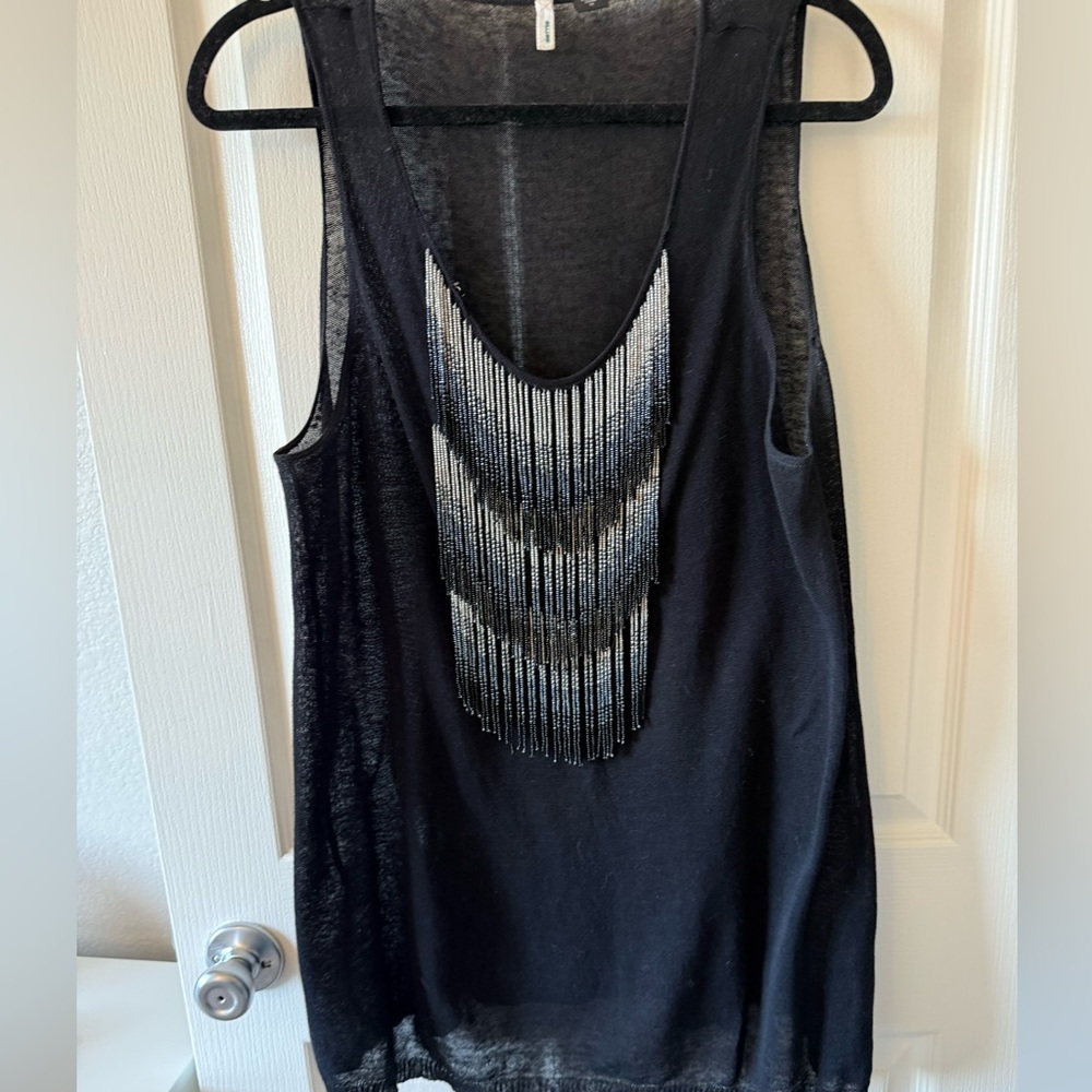 SMITTEN Black Knit Sleeveless Top with Beaded Fringe